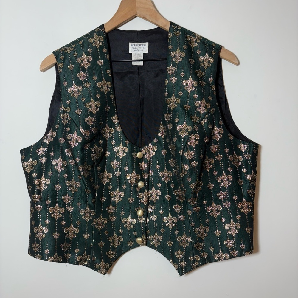 Hobby Horse Womens Equestrian Button Vest Vintage Sz Plus USA Green Gold